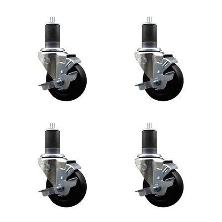 Service Caster 3.5'' SS Hard Rubber Swivel 1-5/8'' Expanding Stem Caster Set with Brake, 4PK SCC-SSEX20S3514-HRS-TLB-158-4